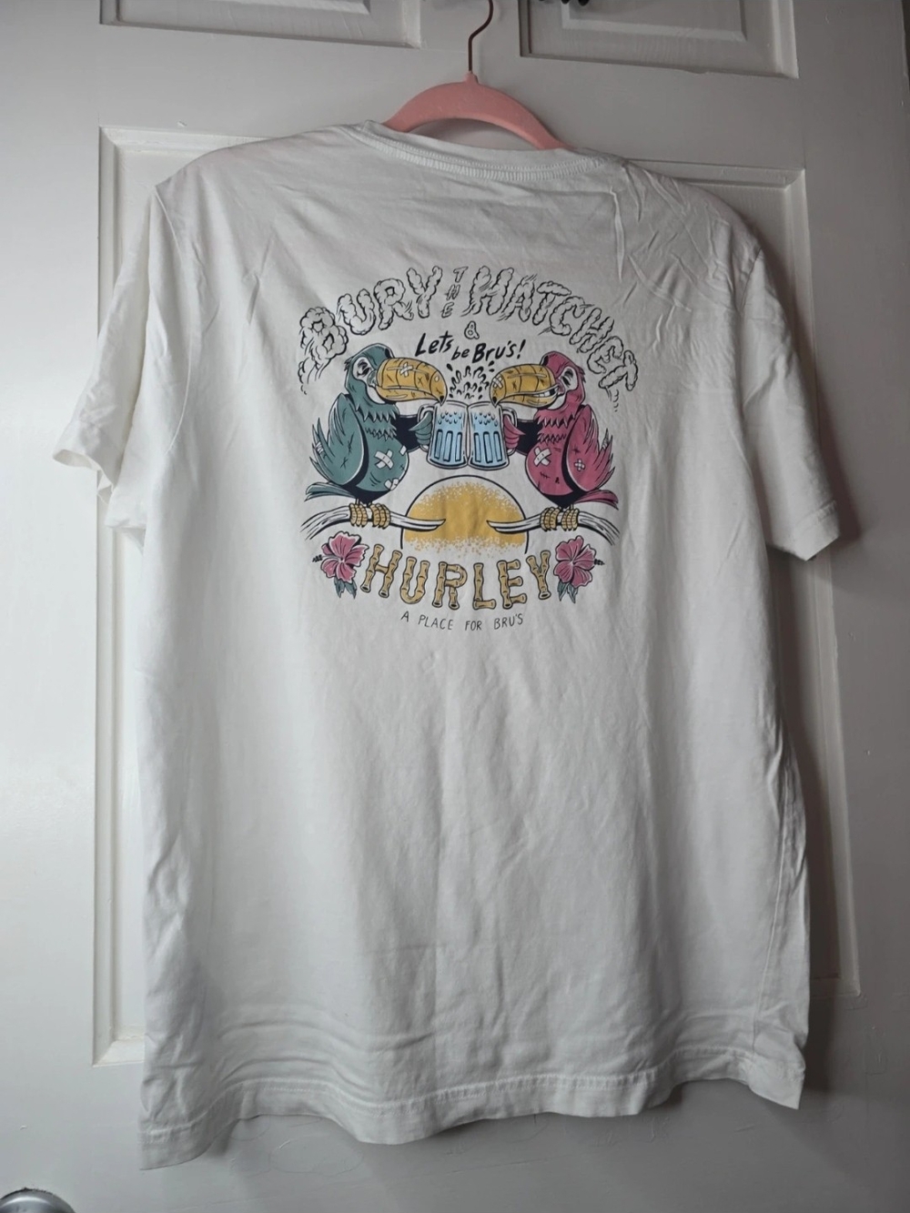 Hurley White Short Sleeve Tee with Teal and Pink Toucan Graphic